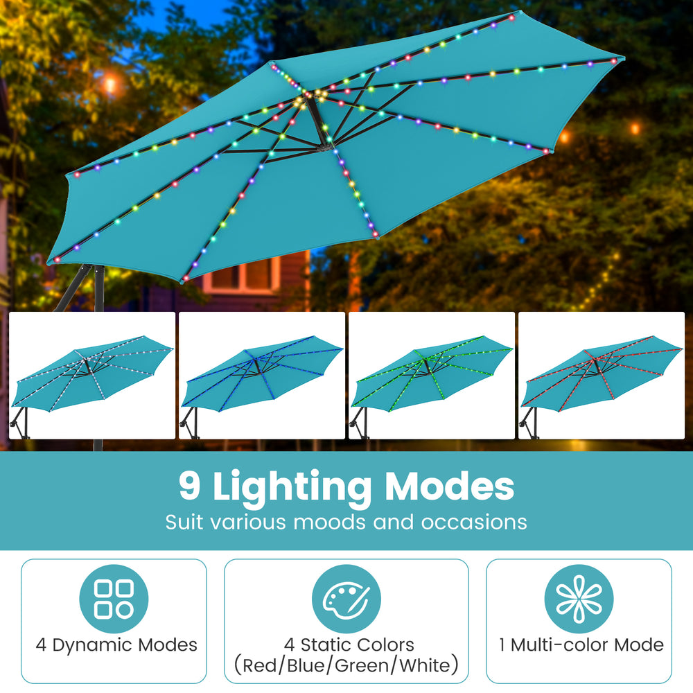 Turquoise 10 feet solar offset hanging umbrella with LED lights, showcasing 9 lighting modes for evening ambiance.