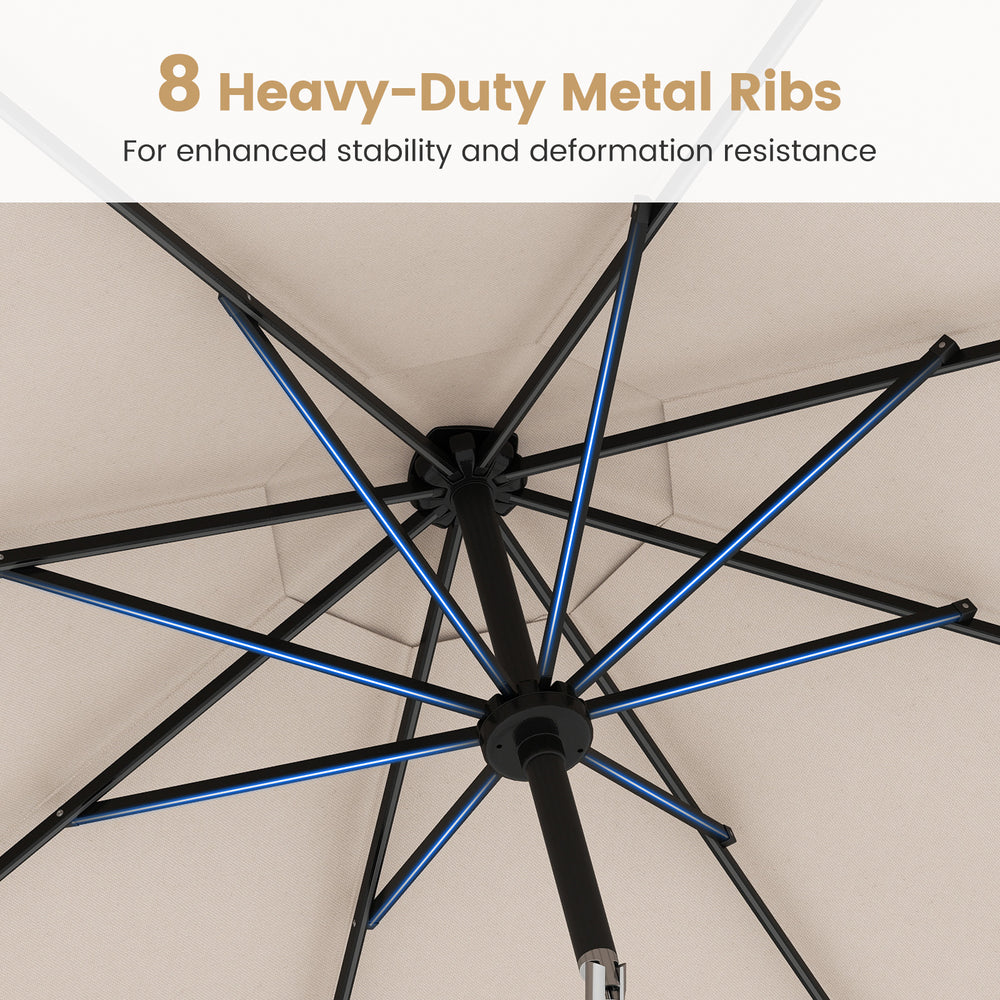 Close-up of the 8 heavy-duty metal ribs of the 10 feet solar patio umbrella, enhancing stability and durability.