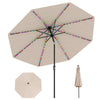10-foot beige solar patio umbrella with 96 LED lights, tilt adjustment, and durable design for outdoor shading.