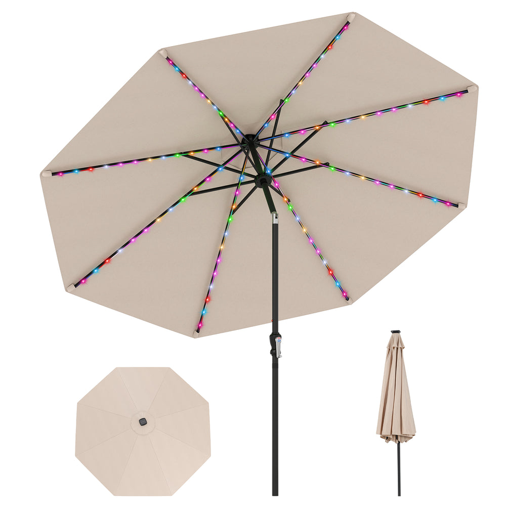 10-foot beige solar patio umbrella with 96 LED lights, tilt adjustment, and durable design for outdoor shading.
