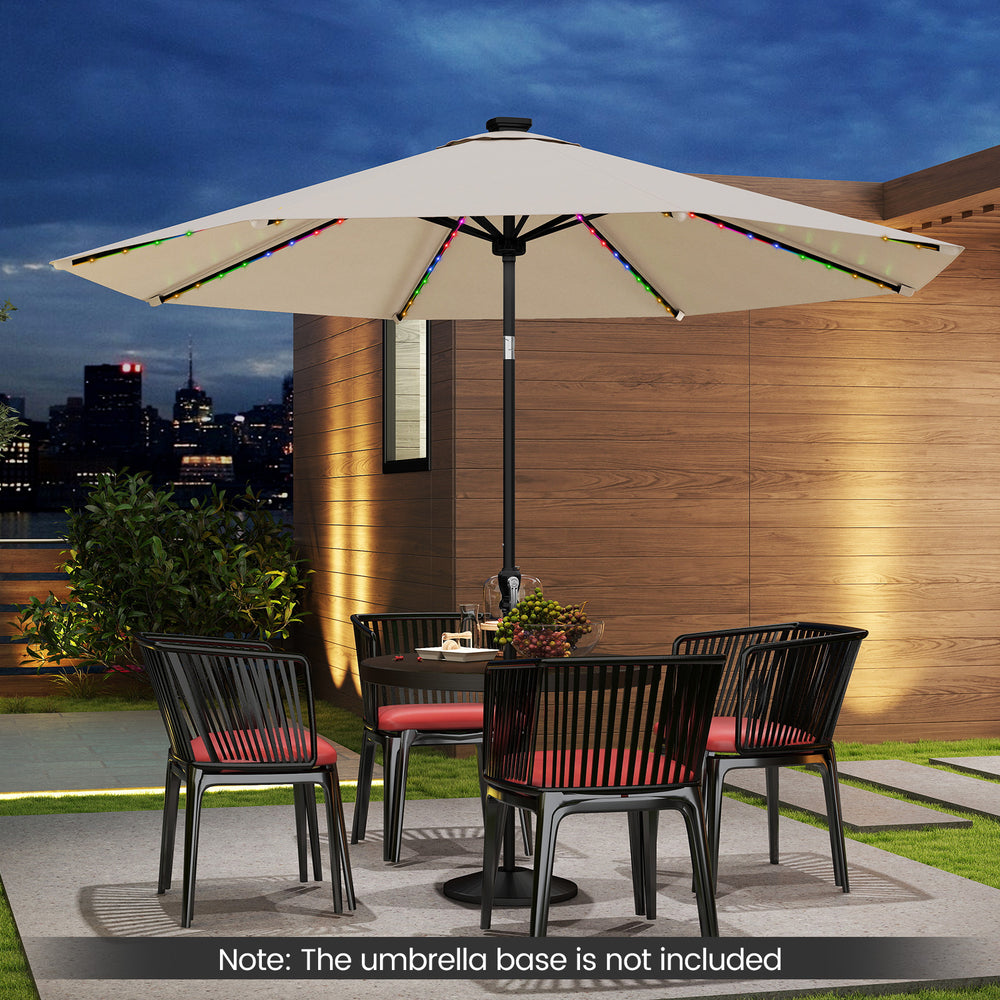 10-foot beige solar patio umbrella with 96 LED lights, tilt adjustment, and heavy-duty metal ribs for outdoor.