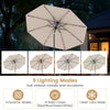 10-foot beige solar patio umbrella with 96 LED lights, featuring 9 lighting modes and tilt adjustment for customized.