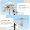 10-foot beige solar patio umbrella with tilt adjustment and crank handle, featuring 96 LED lights for evening ambiance.