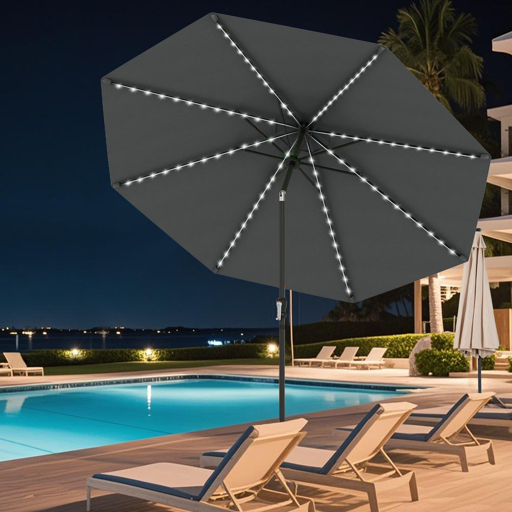 10 Feet Solar Patio Umbrella with 96 Multi-Colored Flowing LED Lights and Tilt Adjustment-Gray - Gallery View 1 of 11