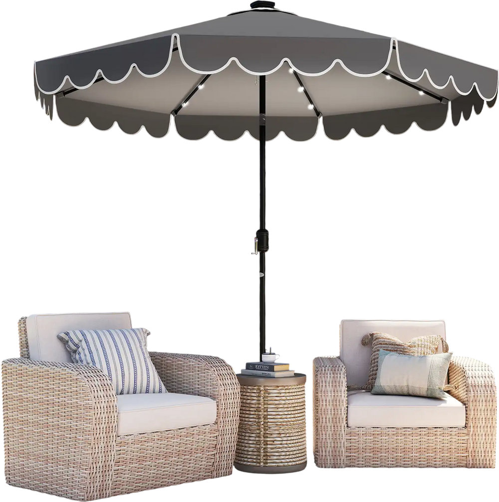 Gray 10-foot solar patio umbrella with 24 LED lights, ruffled edges, and sturdy metal ribs for outdoor shade.