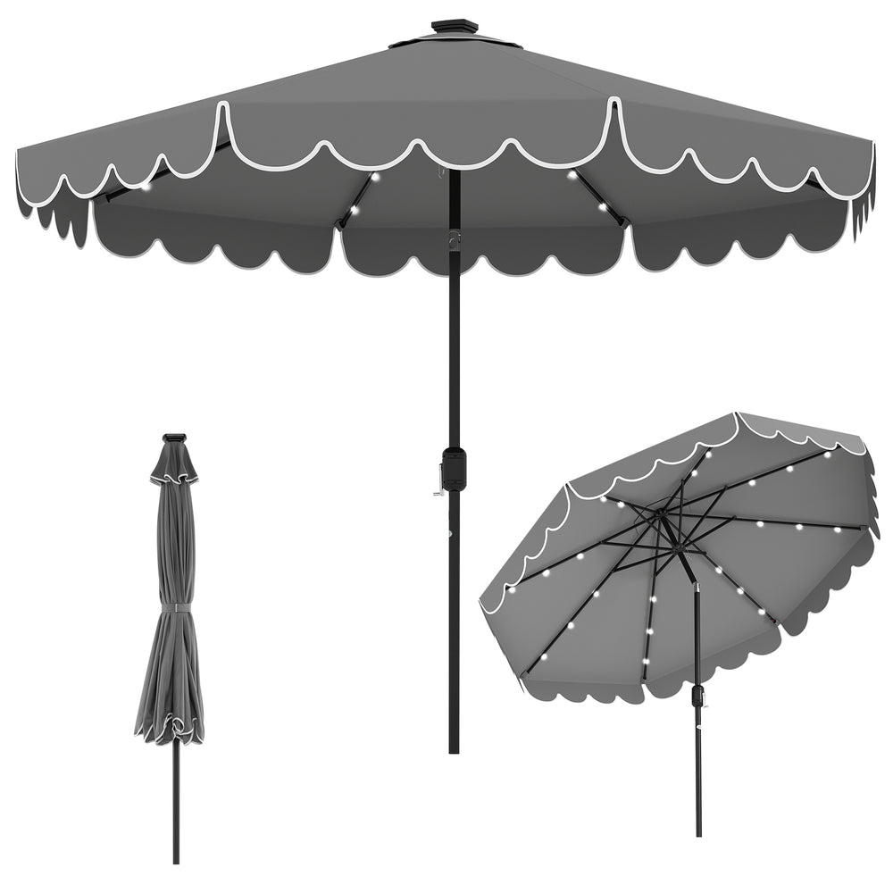 Gray 10-foot solar patio umbrella with 24 LED lights, ruffled edges, and easy tilt for customized shade.