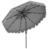Gray 10 feet solar patio umbrella with 24 LED lights, featuring ruffled edges and a convenient crank handle for easy.