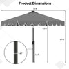 10-foot gray solar patio umbrella with ruffled edges, 24 LED lights, and dimensions for optimal shade and stability.
