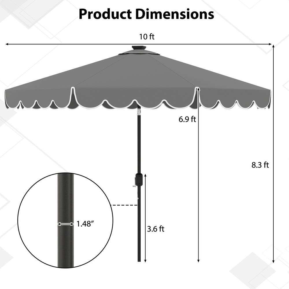 10-foot gray solar patio umbrella with ruffled edges, 24 LED lights, and dimensions for optimal shade and stability.
