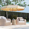 Beige 10 feet solar patio umbrella with 3-tier vented top, LED lights, and ruffled edges for outdoor shade and ambiance.