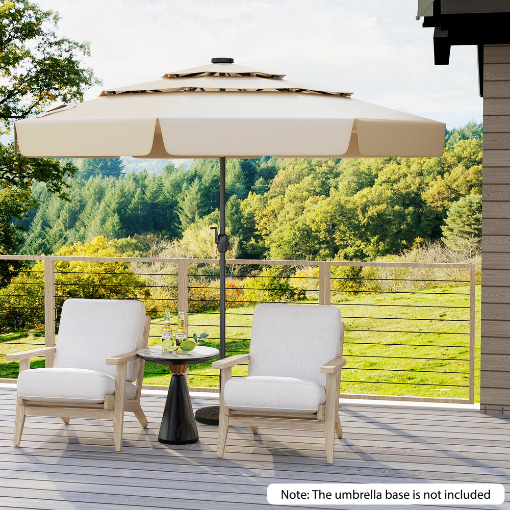 10-foot beige solar patio umbrella with a 3-tier vented top, LED lights, and elegant ruffled edges for outdoor shade.
