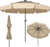 10 feet beige solar patio umbrella with 3-tier vented top, LED lights, and easy tilt for customized shade.