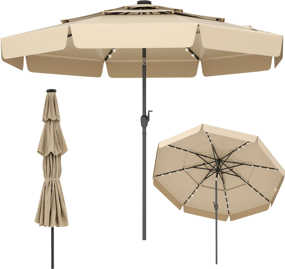 10 feet beige solar patio umbrella with 3-tier vented top, LED lights, and easy tilt for customized shade.