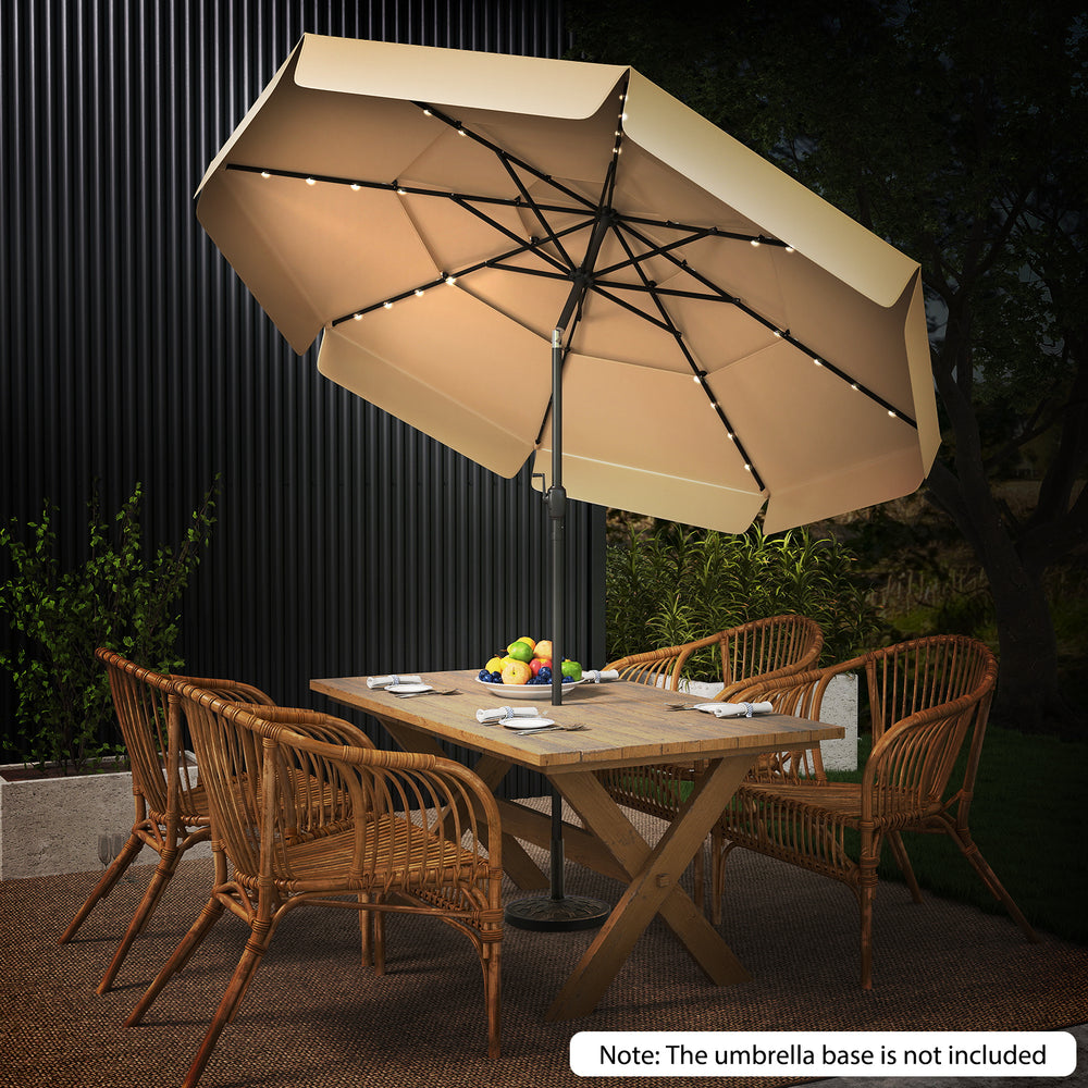 10-foot beige solar patio umbrella with 3-tier vented top and LED lights, ideal for outdoor dining and shade.