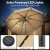 10-foot beige solar patio umbrella with 32 LED lights, 3-tier vented top, and handy switch for outdoor illumination.