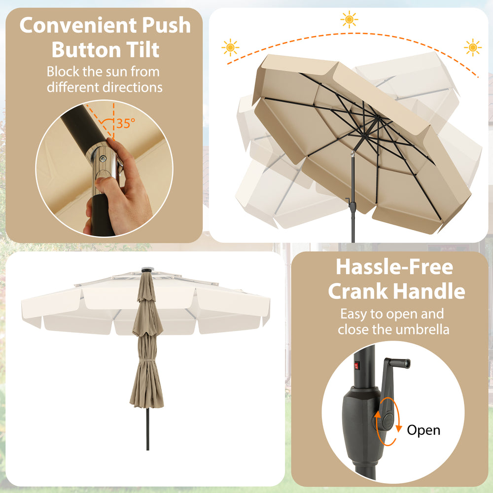 10-foot beige solar patio umbrella with a 3-tier vented top, push button tilt, and hassle-free crank handle for easy.