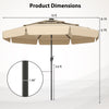 10-foot beige solar patio umbrella with 3-tier vented top, showcasing dimensions and sturdy metal ribs for stability.