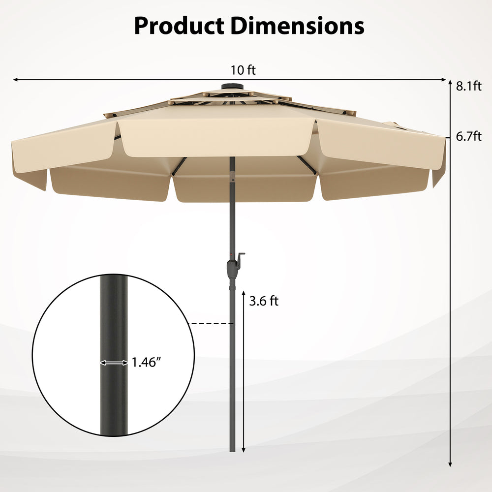 10-foot beige solar patio umbrella with 3-tier vented top, showcasing dimensions and sturdy metal ribs for stability.