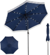 Navy 10 feet solar patio umbrella with 24 LED lights, featuring a push button tilt and elegant tassel for outdoor use.