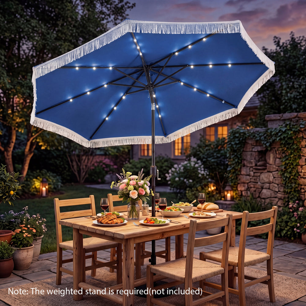 Navy 10 feet solar patio umbrella with 24 LED lights, featuring elegant tassels, ideal for outdoor dining ambiance.
