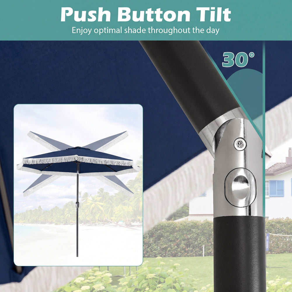 Close-up of the push button tilt mechanism on a 10 feet navy solar patio umbrella for optimal shade adjustment.