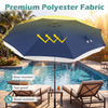 Navy 10 feet solar patio umbrella with LED lights, featuring wear-resistant fabric and push button tilt for optimal.
