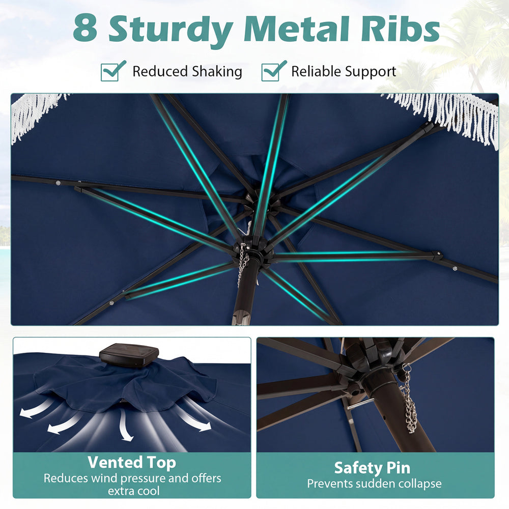 Navy 10 feet solar patio umbrella with 24 LED lights, featuring a vented top and 8 sturdy metal ribs for reliable.