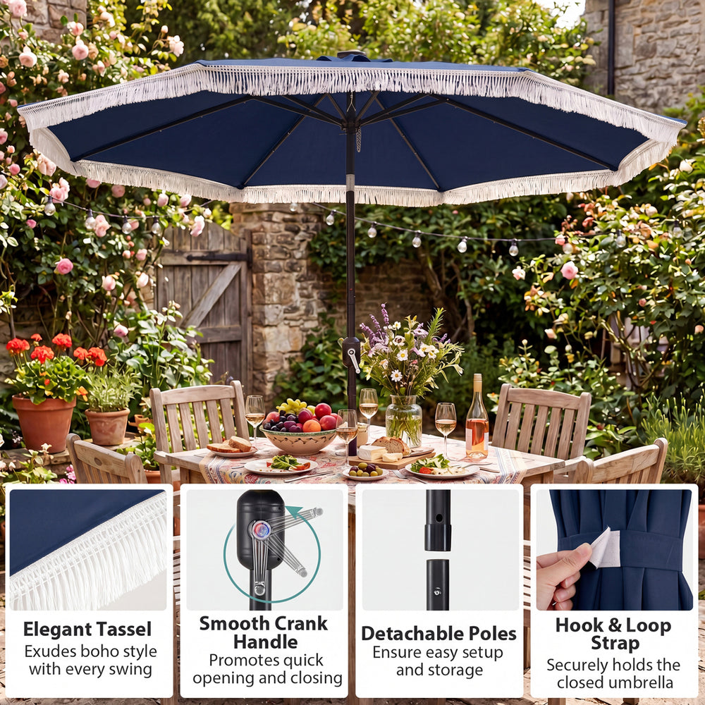 Navy 10 feet solar patio umbrella with elegant tassel, featuring 24 LED lights for yard ambiance and easy crank handle.