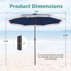 10-foot navy solar patio umbrella with 24 LED lights, featuring a push button tilt and elegant tassel for outdoor use.