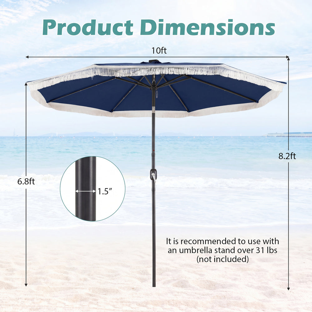 10-foot navy solar patio umbrella with 24 LED lights, featuring a push button tilt and elegant tassel for outdoor use.
