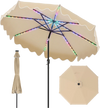 Beige 10-foot solar patio umbrella with color-changing LED lights and decorative ruffled trims for outdoor ambiance.