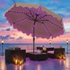 10-foot beige solar patio umbrella with color-changing LED lights, providing ambiance for outdoor seating areas.