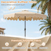 10-foot beige solar patio umbrella with decorative ruffled trims, featuring tear-resistant polyester fabric for outdoor.