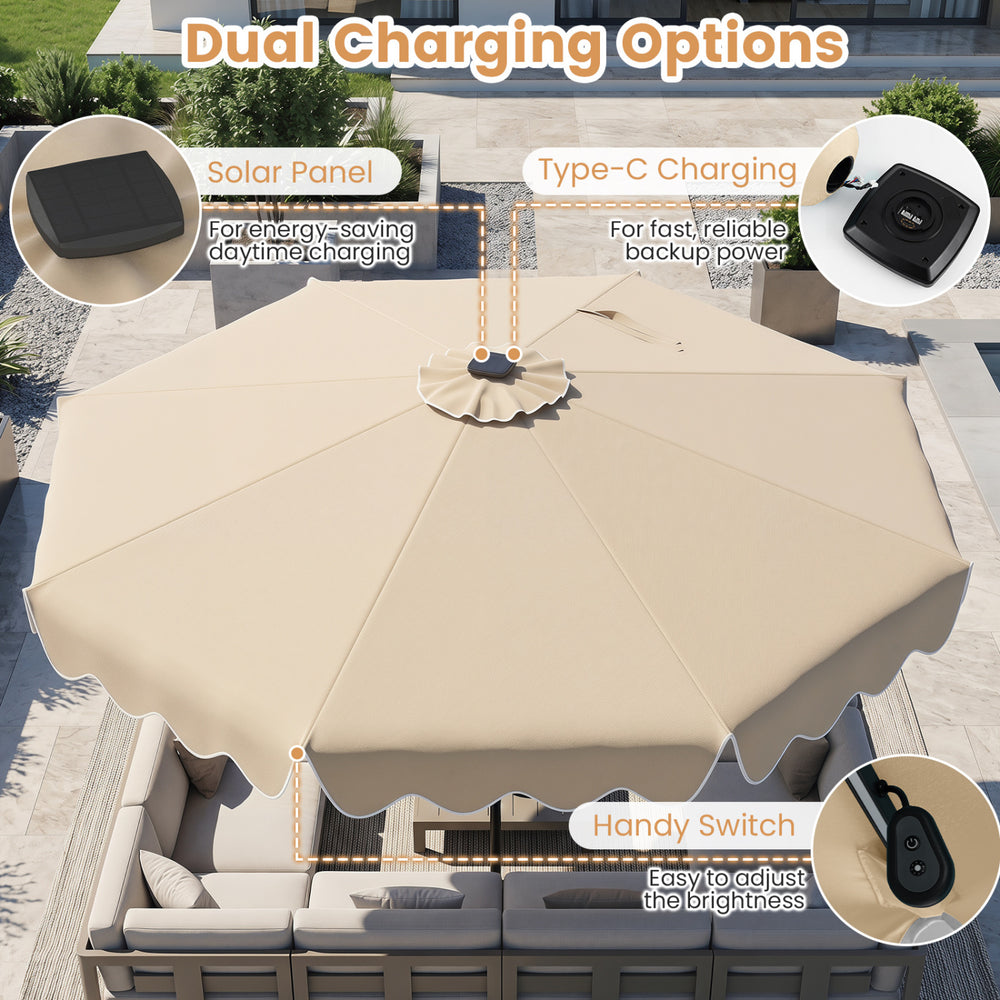 10-foot beige solar patio umbrella with dual charging options, featuring LED lights and adjustable brightness for.