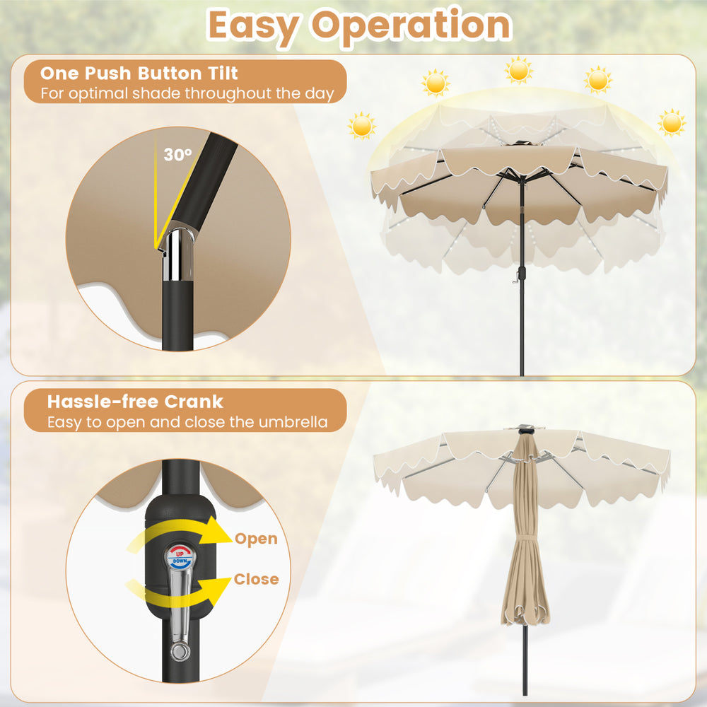 10-foot beige solar patio umbrella with LED lights, featuring a push-button tilt and easy crank operation for optimal.