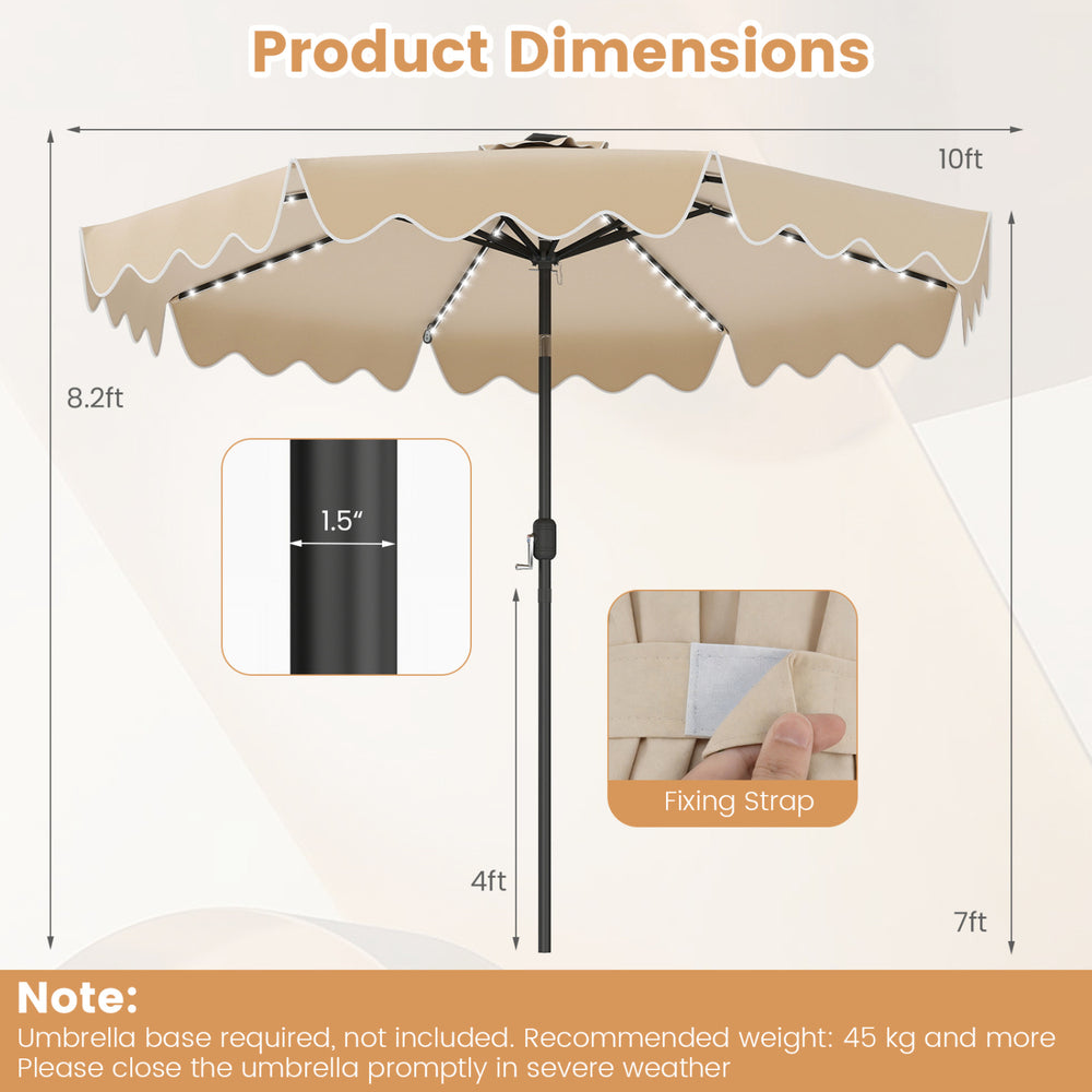 10-foot beige solar patio umbrella with color-changing LED lights, featuring a ruffled trim and push-button tilt for.