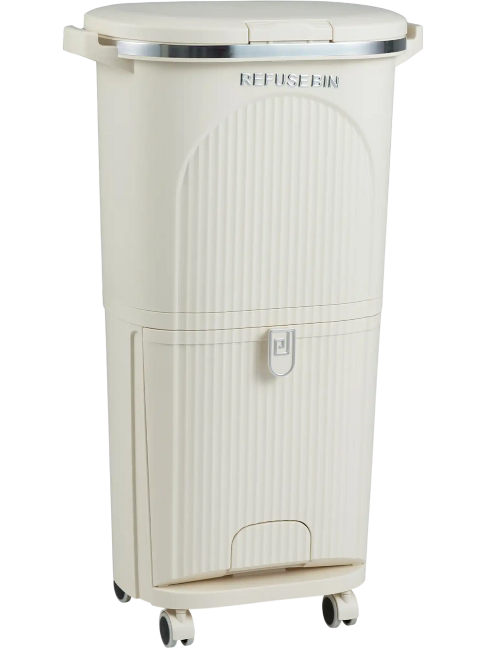 Beige 10-gallon kitchen trash can featuring a tilting compartment, folding pedal, and convenient side handles for easy.
