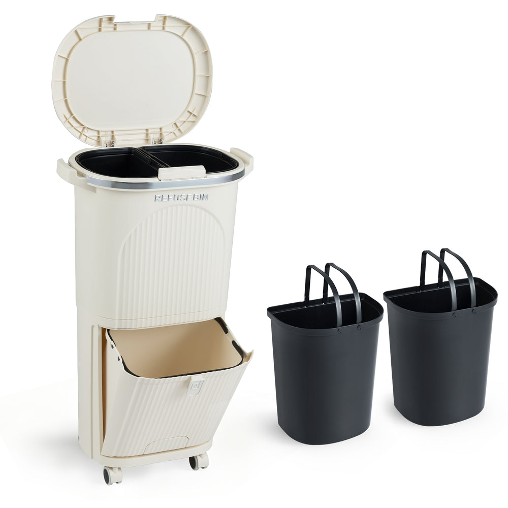 10-gallon beige kitchen trash can with dual 3.2-gallon buckets, push-top lid, and removable compartments for waste.
