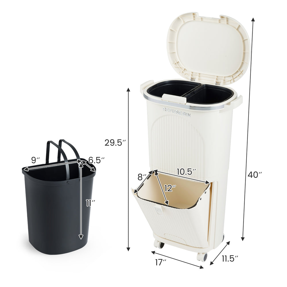 10-gallon beige kitchen trash can with dual buckets, push-top lid, and wheels for easy mobility and waste sorting.
