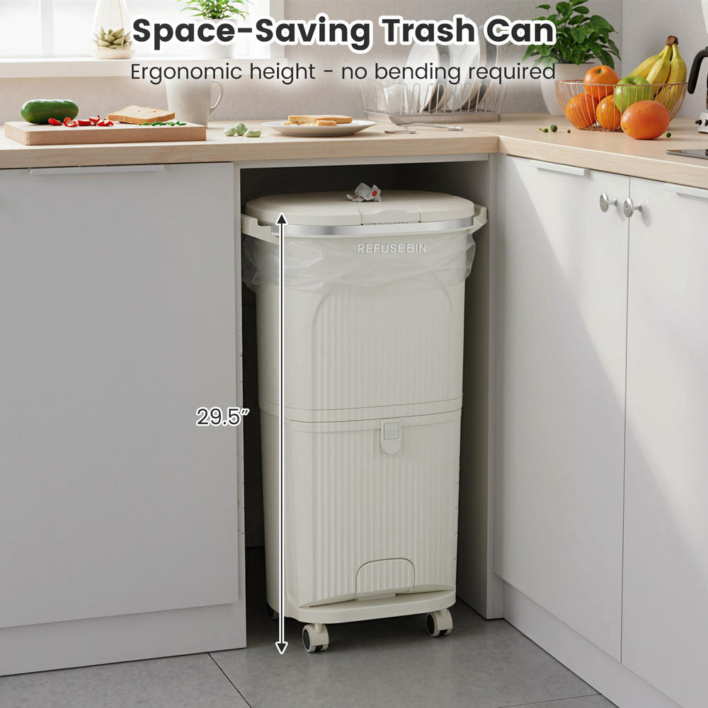 Space-saving 10-gallon kitchen trash can in beige with dual buckets, ergonomic height, and wheels for easy mobility.