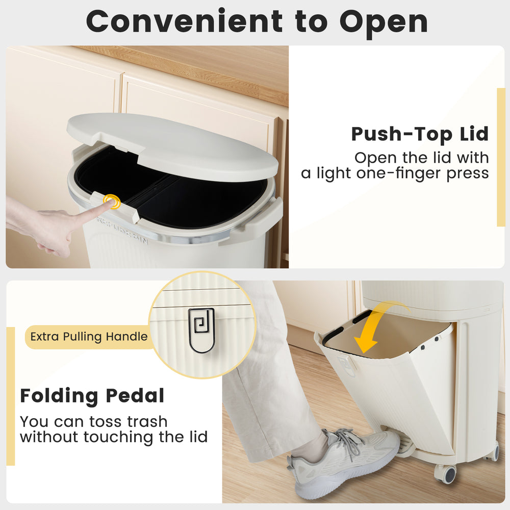 10-gallon beige kitchen trash can with push-top lid, folding pedal, and dual removable buckets for easy waste disposal.