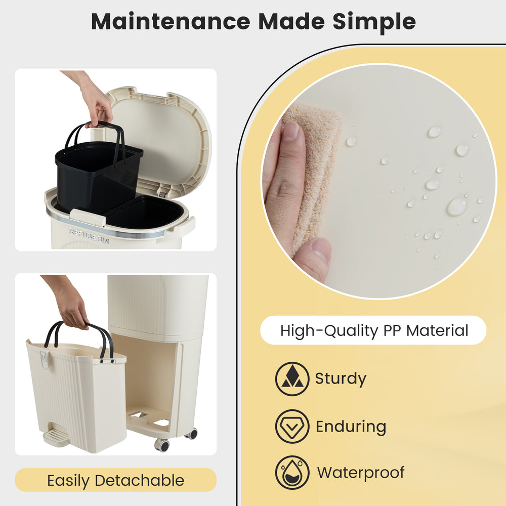 10-gallon beige kitchen trash can with dual removable buckets and waterproof PP material for easy waste sorting.