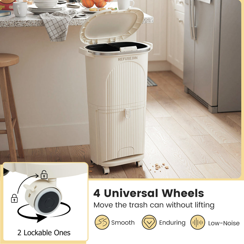 Beige 10-gallon kitchen trash can with lid, dual buckets, and 4 universal wheels for easy mobility and waste sorting.