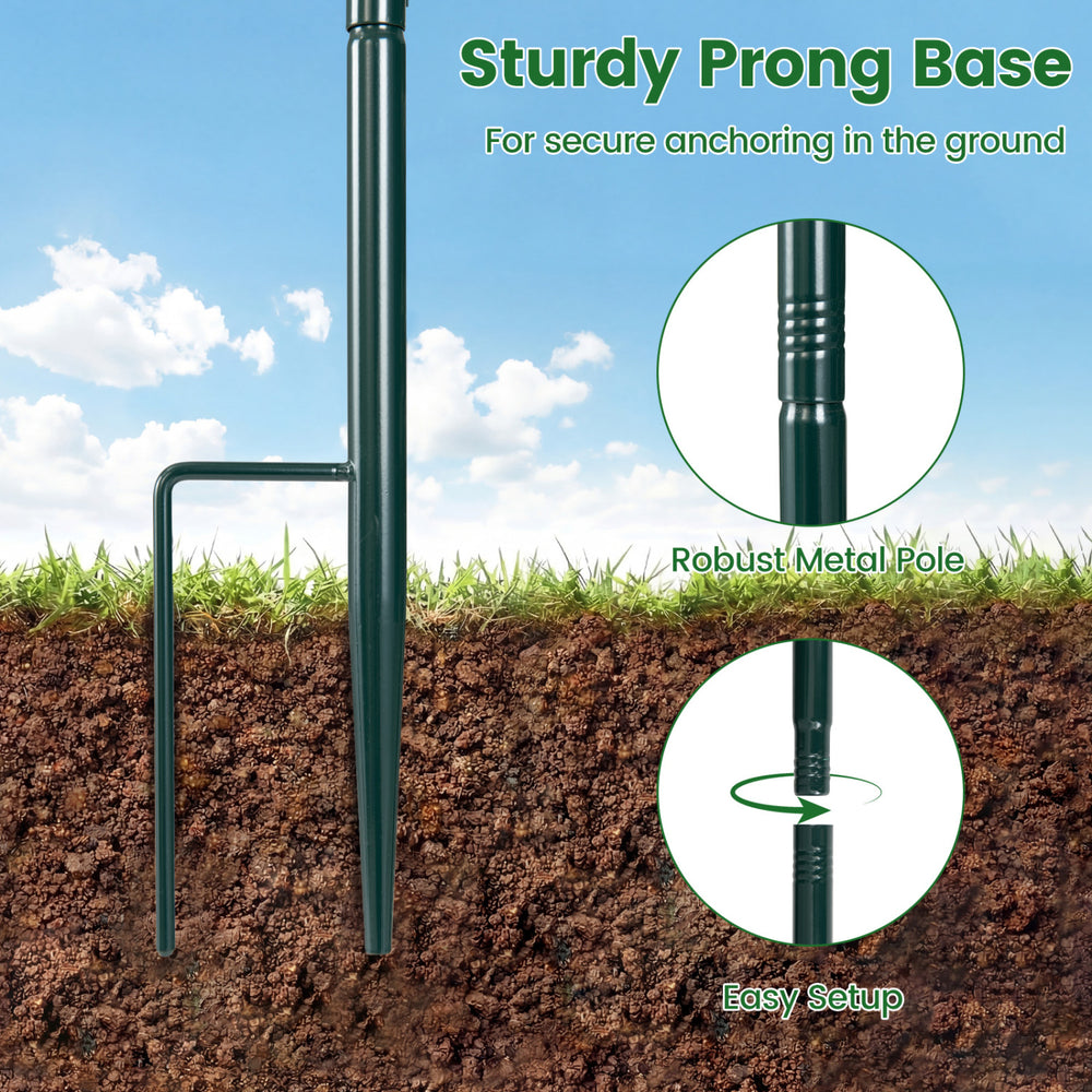 Sturdy prong base of a squirrel-proof bird feeder pole, ensuring secure anchoring for outdoor use.
