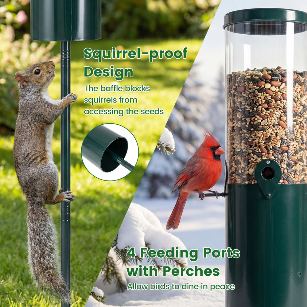 Squirrel-proof bird feeder with 4 feeding ports, 10 lbs capacity, and durable metal construction for all-season use.