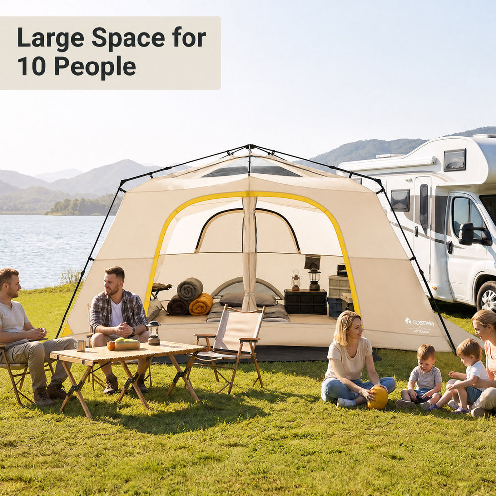 Large 10-person instant cabin camping tent with rainfly, featuring versatile room design and excellent ventilation for outdoor use.