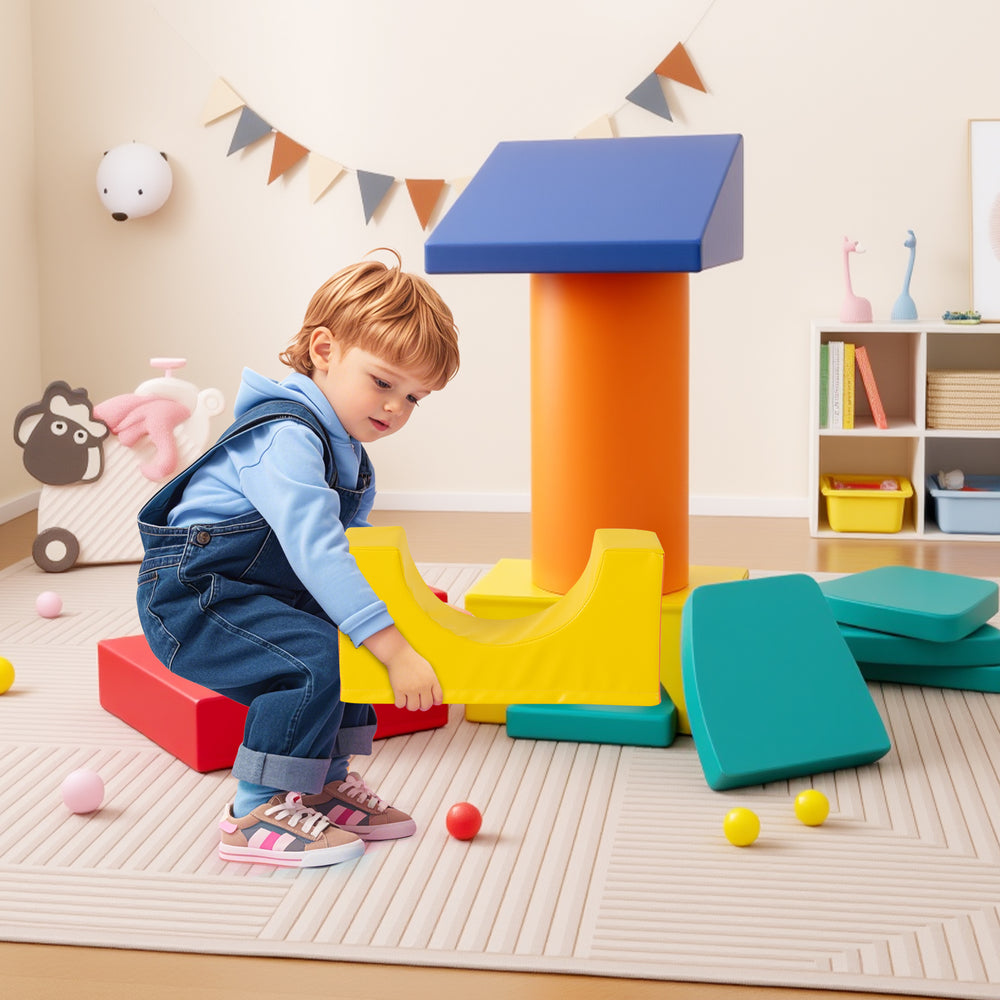 Colorful 10-piece foam climbing toys for toddlers, featuring various shapes and soft PU leather for safe play and.