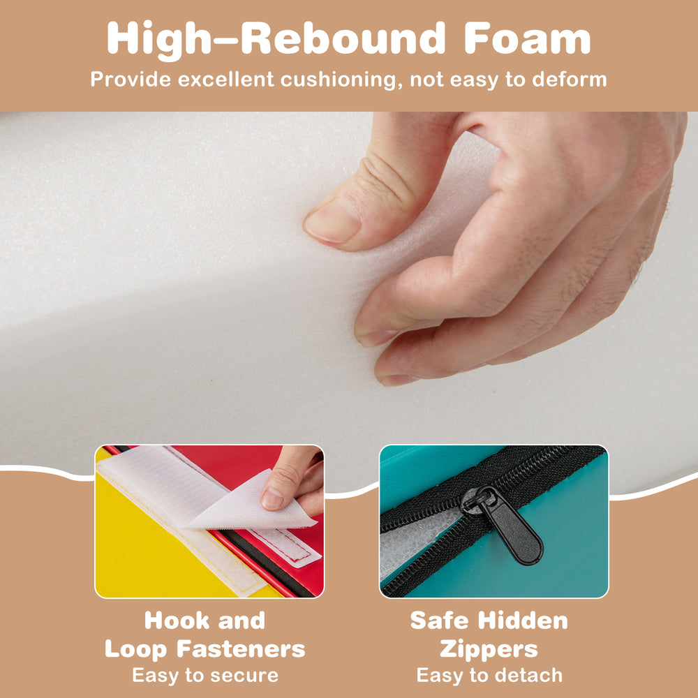 Close-up of high-rebound foam with hook and loop fasteners, part of 10-piece soft foam climbing toys for toddlers.