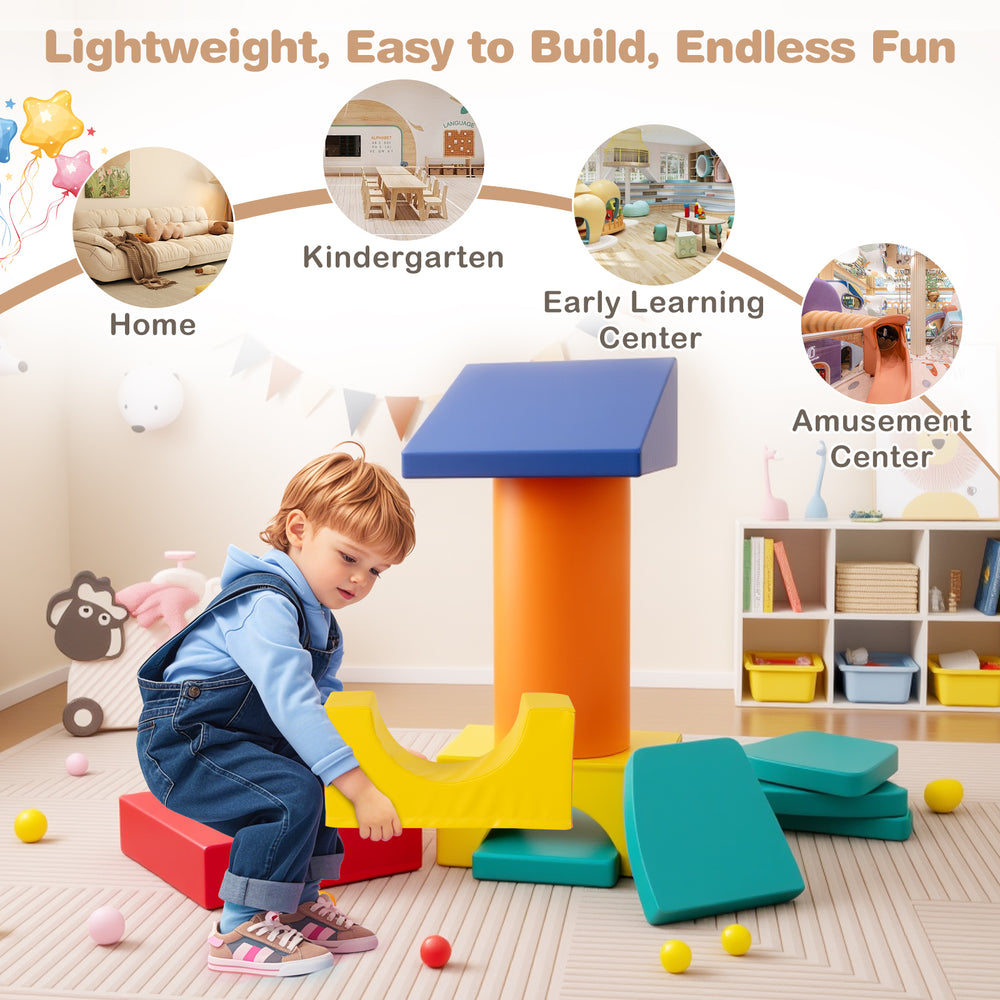 Colorful 10-piece foam climbing toys for toddlers, made of durable PU leather, ideal for imaginative play and motor.