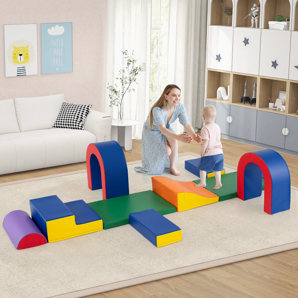 Colorful 10-piece foam climbing blocks set in a play gym, featuring safe rounded edges for toddlers' fun and learning.